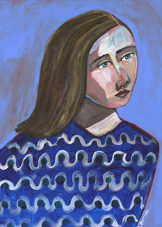 Frau im blauen Pullover Naives Porträt Figurativ | Poster