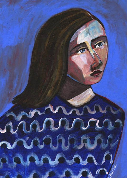Frau im blauen Pullover Naives Porträt Figurativ | Poster