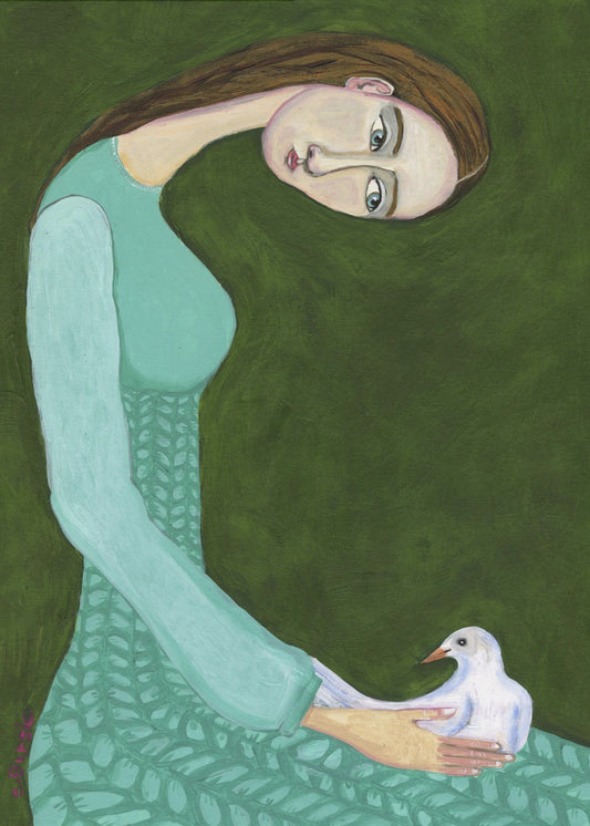 Dame sitzt mit weißer Taube Vogel Frau | Poster