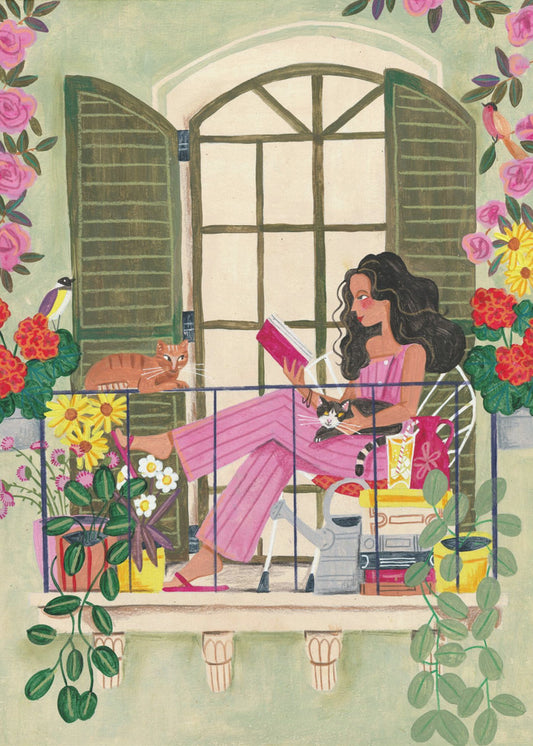 Frau liest auf Balkon | Poster