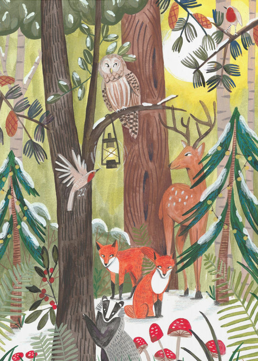 Grüner Weihnachtswald mit Tieren | Poster