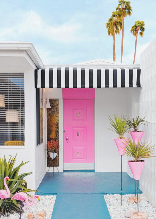 Rosa Tür mit Gartenflamingos | Poster