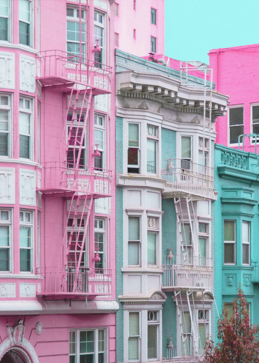 Rosa und blaue Reihenhäuser in San Francisco | Leinwand