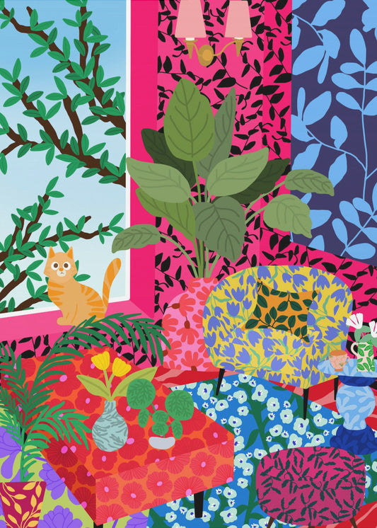 Katze im Flower Power Wohnzimmer | Leinwand
