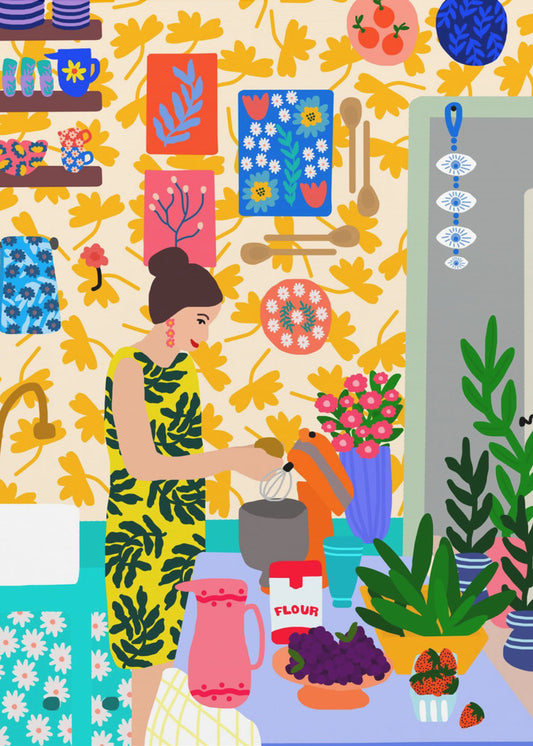 Eine Frau in einer Küche mit Blumen | Poster