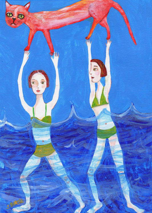 Two swimmers with pink cat | Canvas