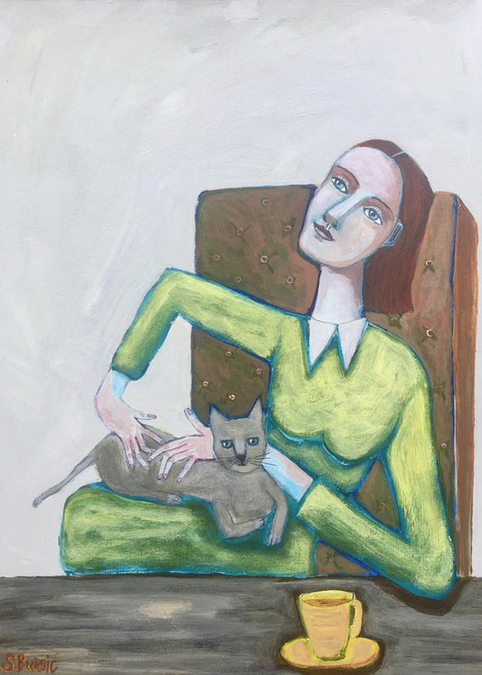 Dame kitzelt graue Katze im Stuhl | Leinwand