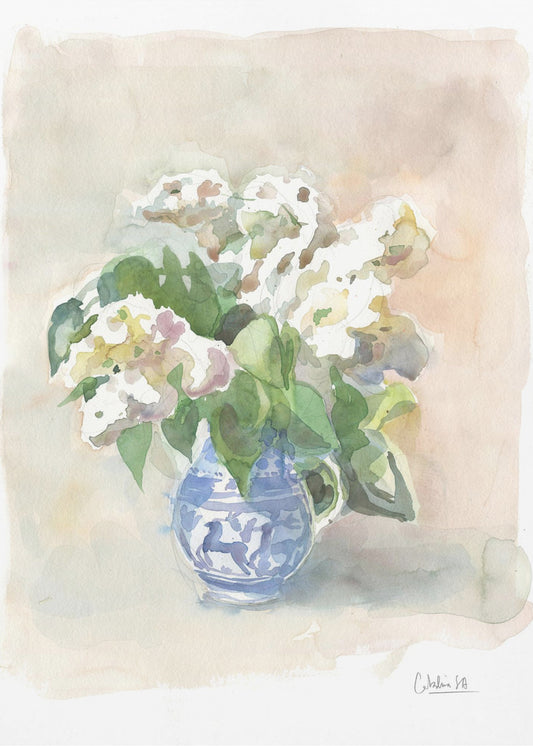 Weißer Flieder in einer Vase, Aquarell. | Leinwand