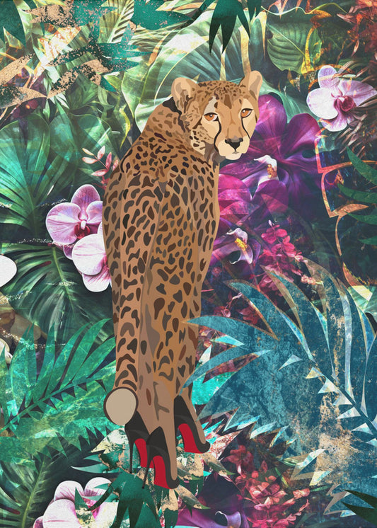 Tropischer Blumendschungel – Gepard in High Heels | Poster
