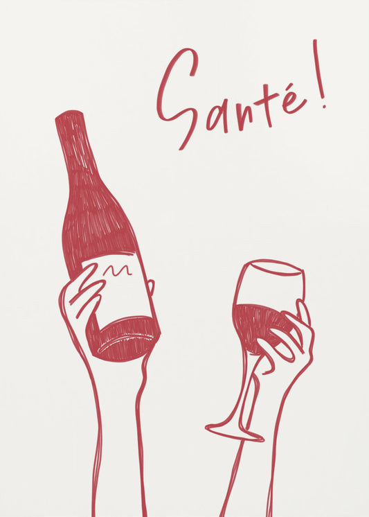 Hände halten eine Weinflasche und ein Weinglas mit dem Text „Prost!“ auf Französisch | Leinwand