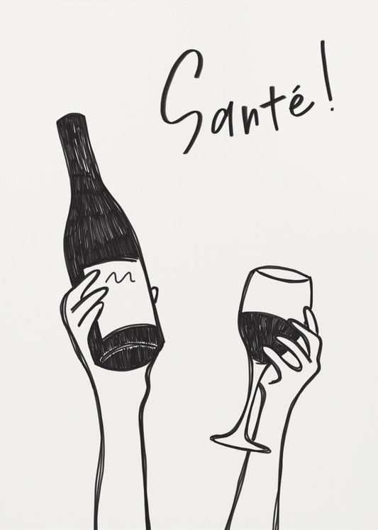 Hände halten eine Weinflasche und ein Weinglas mit dem Text „Prost!“ auf Französisch | Leinwand