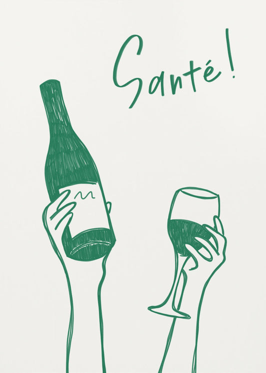 Hände halten eine Weinflasche und ein Weinglas mit dem Text „Prost!“ auf Französisch | Leinwand