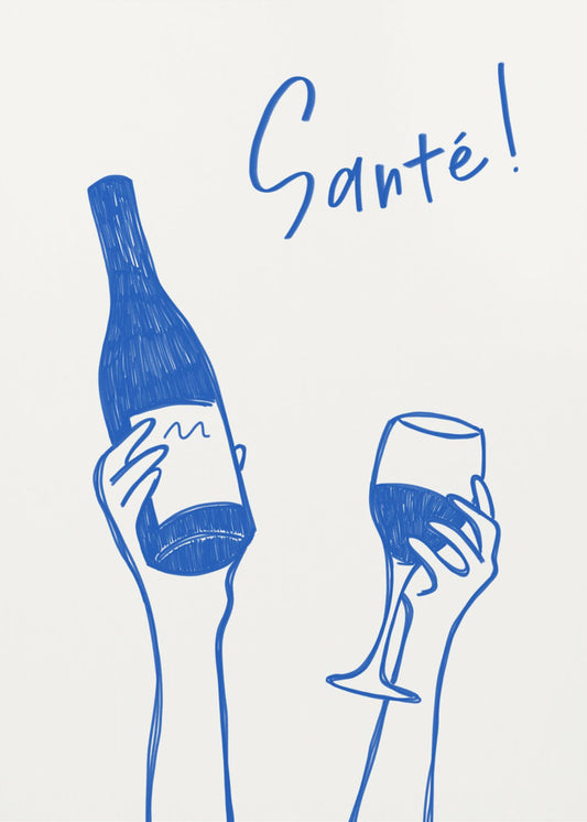 Hände halten eine Weinflasche und ein Weinglas mit dem Text „Prost!“ auf Französisch | Leinwand