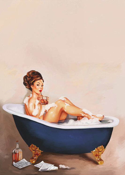 Bathtub Drinks: Pinup Girl Drinking In Bathroom | Canvas