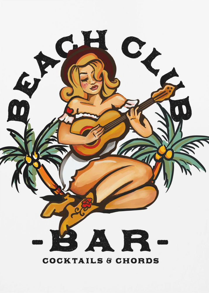 Beach Club Bar. Pin-up-Girl im Sailor Jerry-Stil spielt Gitarre | Poster