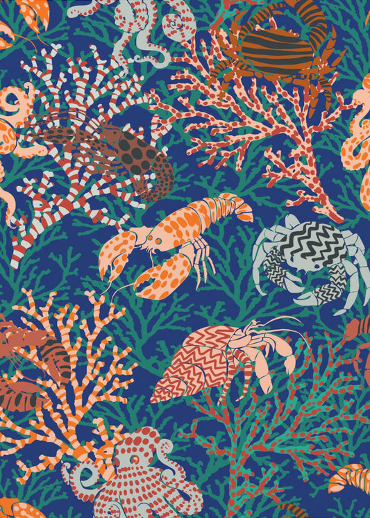 Lebendiges Korallenriff-Muster in Blau und Orange | Poster