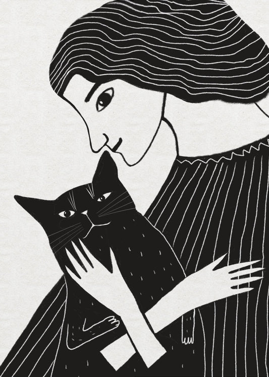 Katzendame mit schwarzer Katze | Poster