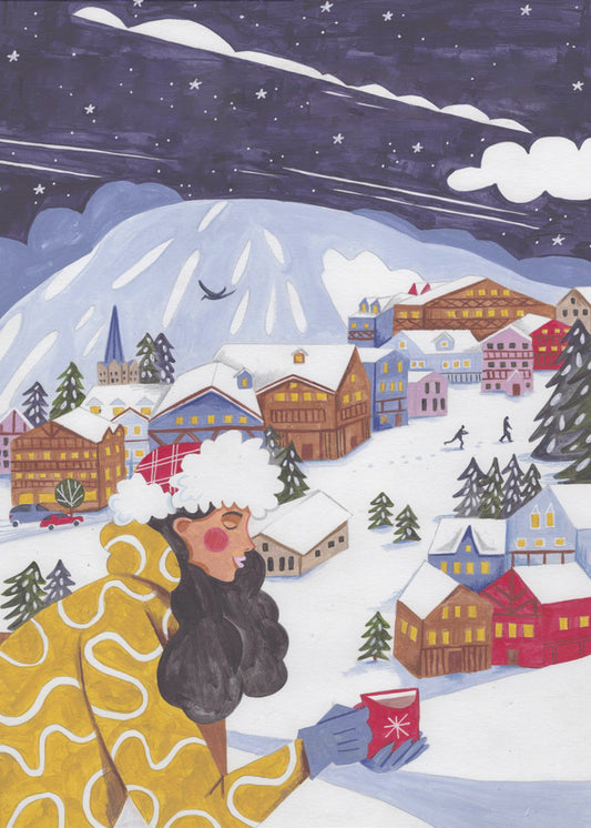 Winterlandschaft mit Frau und Kaffee | Poster