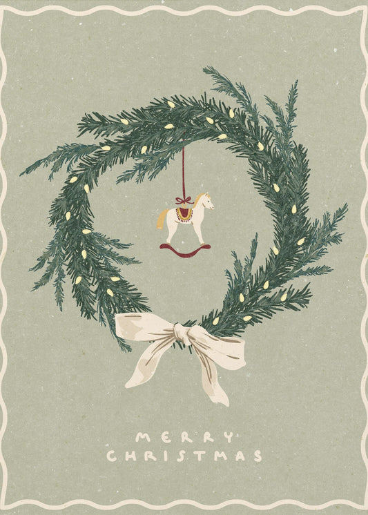 Horses toy on Christmas wreath with bow | Canvas