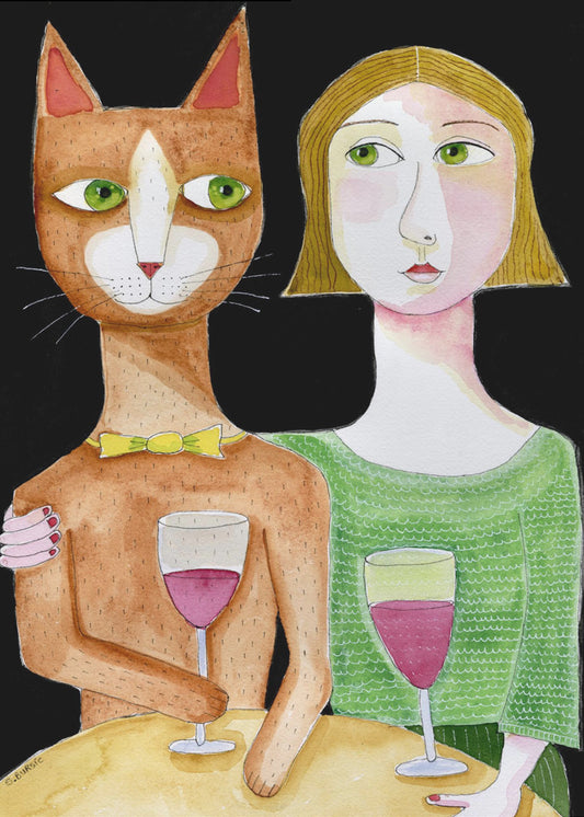 Beste Freunde Katze und Dame trinken Wein | Leinwand