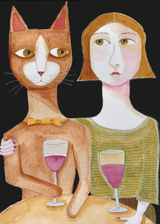 Beste Freunde Katze und Dame trinken Wein | Leinwand