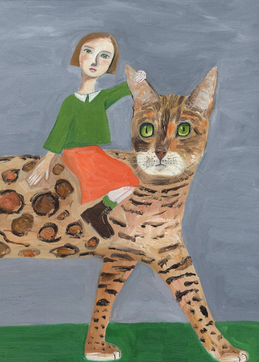 Mädchen auf Bengalkatze | Leinwand