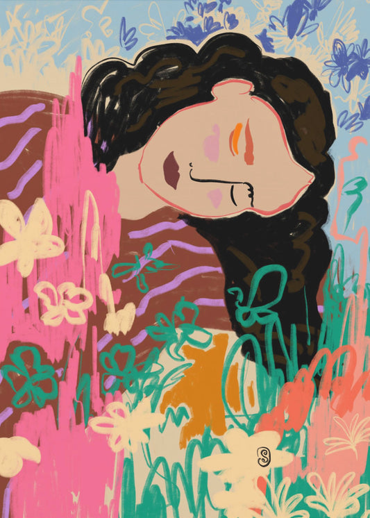Ausdrucksstarke Figur umgeben von bunten Blumen | Poster