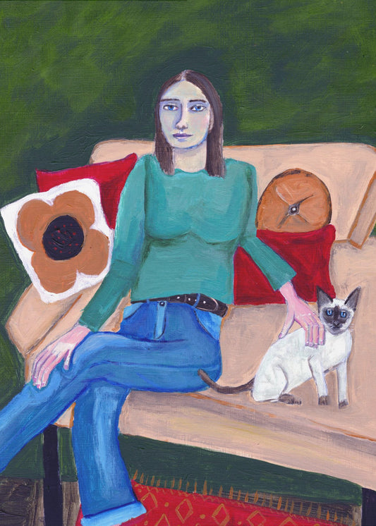 Dame sitzt mit Siamkatze | Leinwand