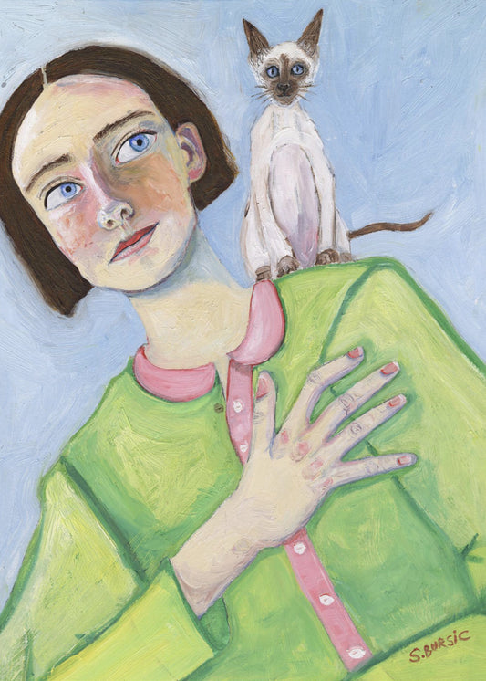 Mädchen mit Katze auf der Schulter | Leinwand
