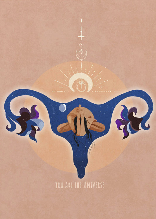 Spirituell, weiblich, Energie, Sterne, Mond, Vulva, Meditation, Yoga und Inspiration Poster Spir 1b | Leinwand