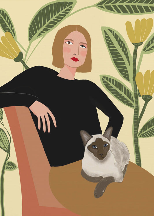 Dame mit Pflanzen und Katze | Poster