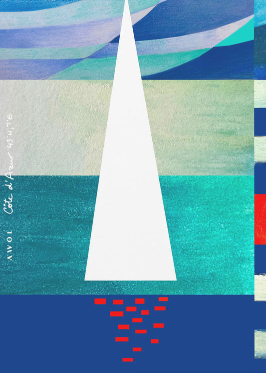 Abstraktes Segelboot an der französischen Riviera, farbenfroher Côte d'Azur-Kunstdruck | Poster
