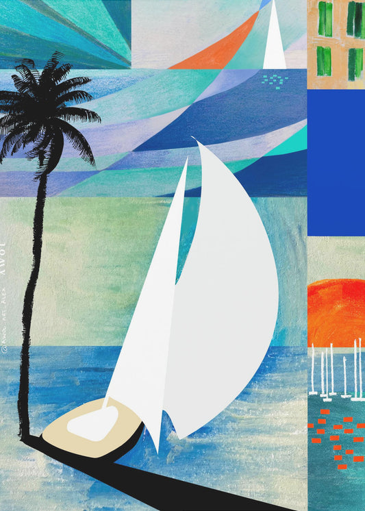 Farbenfroher mediterraner Reisekunstdruck mit Sonnenaufgang und Palme | Leinwand