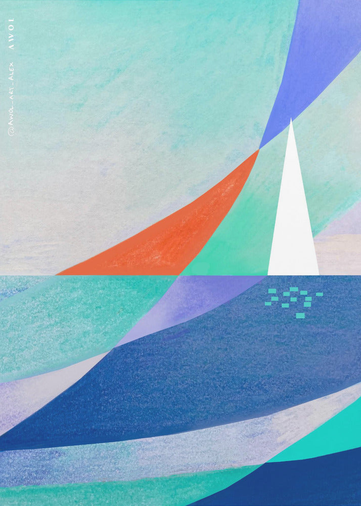 Abstrakte Ozeankunst mit minimalistischem weißen Segelboot auf dem Meer | Poster