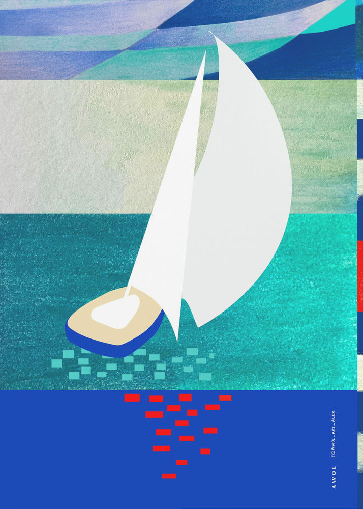 Weißes Segelboot mit Spiegelungen, abstrakte Meereskunst mit grafischen Streifen | Poster