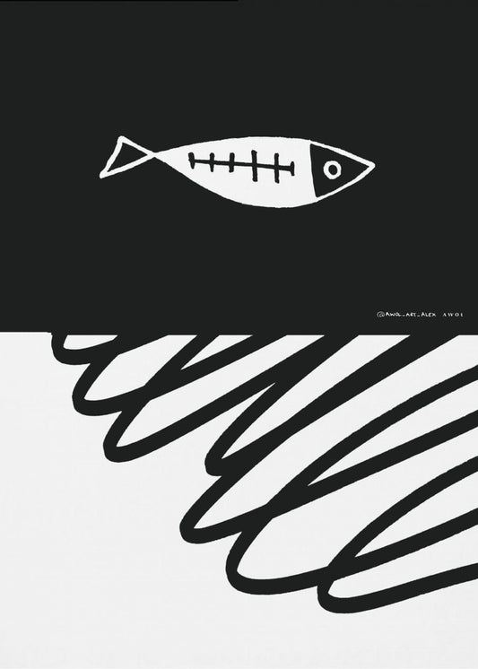 Minimalistischer Fisch im nordischen Meer, abstrakter Ozean-Kunstdruck | Leinwand
