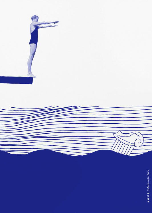 Moderne Vintage-Wandkunst am Strand, nautischer Kunstdruck, Frau schwimmt im abstrakten Meer | Poster