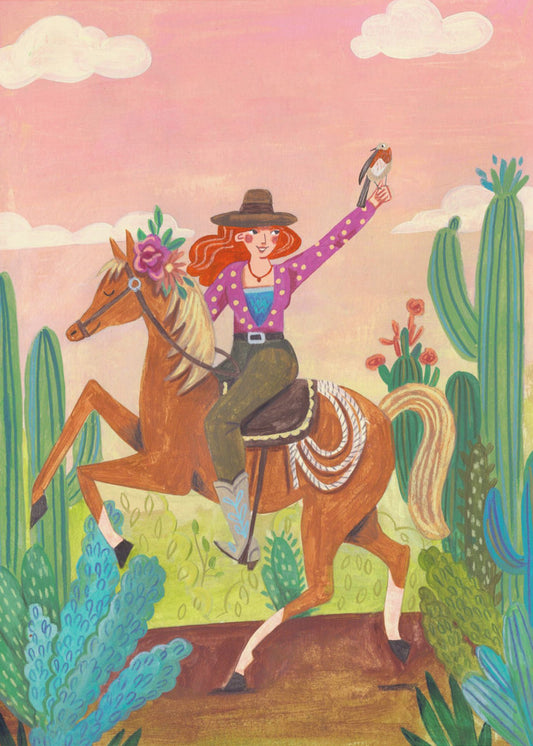 Cowgirl auf Pferd in der Wüste | Leinwand