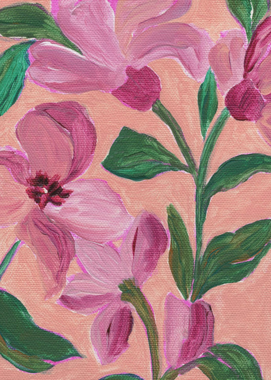 Rosa Blumen mit kräftigen grünen Blättern | Poster
