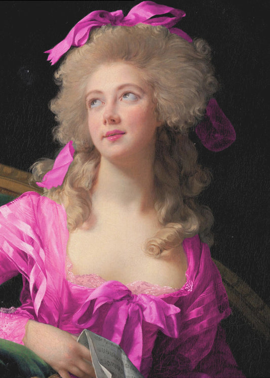 Frau in einem leuchtend rosa Kleid und mit Schleife | Poster