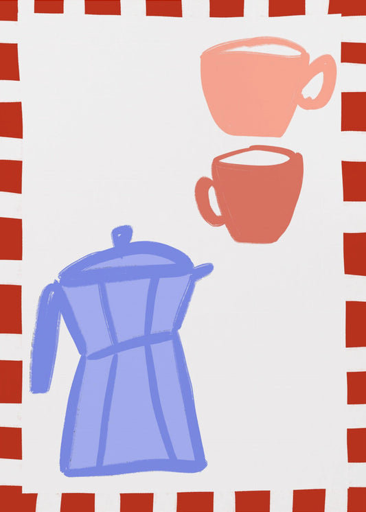 Minimalistische blaue Kaffeekanne und zwei rosa Tassen | Leinwand