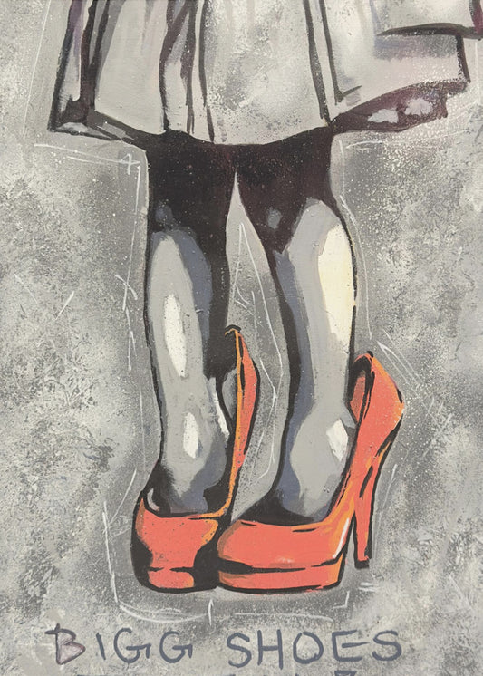 Kind trägt übergroße rote High Heels | Poster