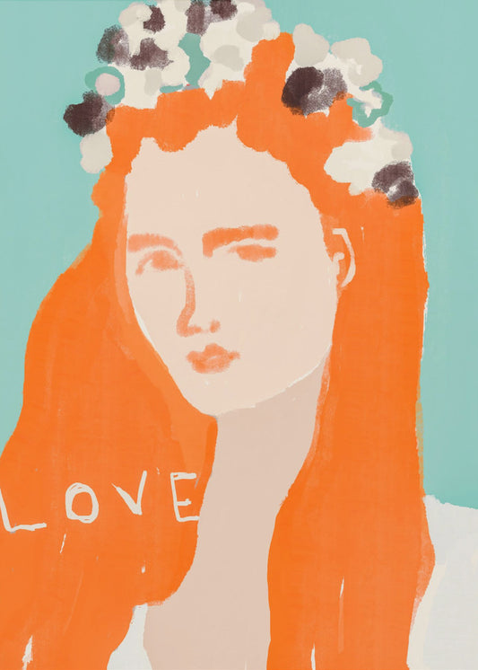 Frau mit orangefarbenem Haar, geschmückt mit Blumen | Leinwand