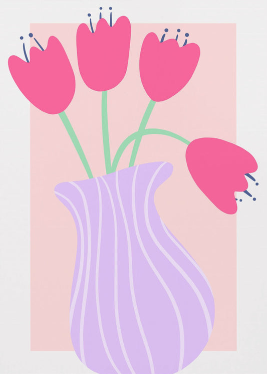 Leuchtende Tulpen in einer gestreiften Lavendelvase | Leinwand