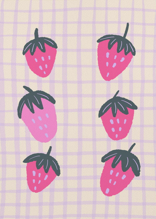 Abstrakte Erdbeeren auf einem Gittermuster | Poster