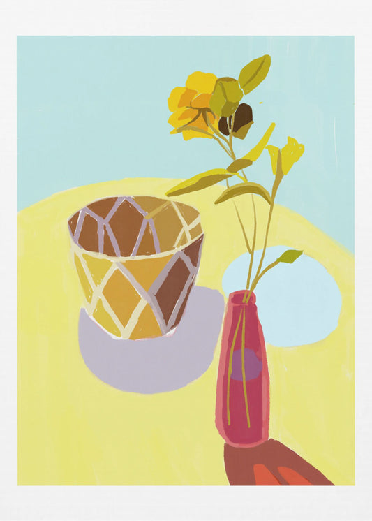 Gelbe Blumen in einem roten Topf | Leinwand
