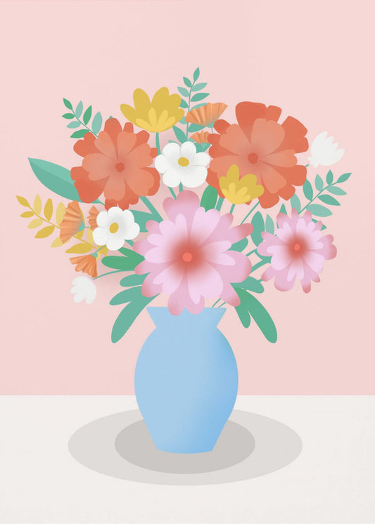 Lebendiger Blumenstrauß in einer blauen Vase | Leinwand