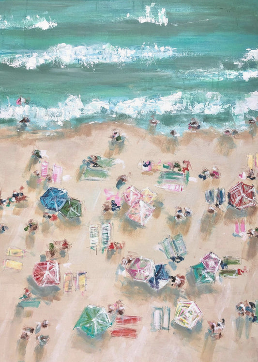 Bunte Sonnenschirme und Sonnenanbeter an einem Sandstrand | Leinwand
