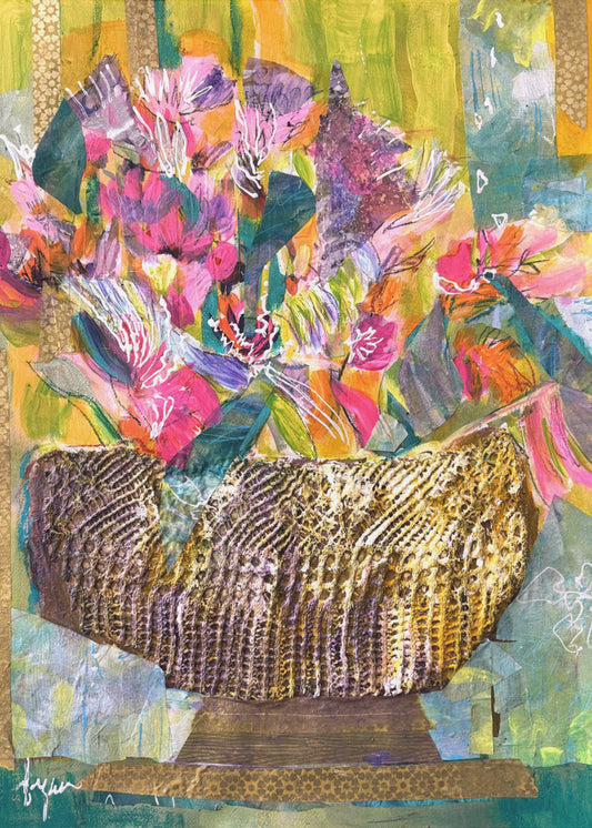 Goldener Korb mit bunten Blumen | Leinwand