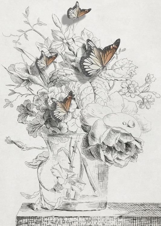 Die Schmetterlinge und die Vase mit Blumen | Leinwand